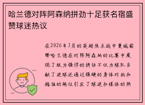 哈兰德对阵阿森纳拼劲十足获名宿盛赞球迷热议 哈兰德对阵阿森纳拼劲十足获名宿盛赞球迷热议