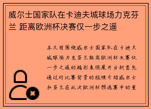 威尔士国家队在卡迪夫城球场力克芬兰 距离欧洲杯决赛仅一步之遥 威尔士国家队在卡迪夫城球场力克芬兰 距离欧洲杯决赛仅一步之遥